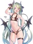  :d \n/ arm_strap arm_up bangs bare_arms bare_shoulders bikini black_bikini black_gloves breasts choker collarbone commentary_request contrapposto cowboy_shot deluxe&lt;&lt;&lt; demon_girl demon_horns demon_wings eyebrows_visible_through_hair eyes_visible_through_hair fang fingerless_gloves gloves green_hair hand_on_hip heart heart_choker heart_ring heart_ring_bottom heart_ring_top highres horns long_hair looking_at_viewer low_wings navel open_mouth original pointy_ears purple_eyes ryisu_(deluxe&lt;&lt;&lt;) simple_background slit_pupils small_breasts smile solo standing stomach swimsuit thigh_strap twintails v-shaped_eyebrows very_long_hair white_background wings 