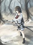  ankle_boots black_hair boots brown_eyes coat highres katana kikivi long_hair quadruple_wielding school_uniform serafuku snow snowing solo sword touran-sai weapon x_arms 