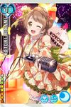  ;d artist_request bare_shoulders brown_hair card_(medium) character_name frilled_kimono frills garters hair_bun hat japanese_clothes kimono kimono_skirt long_hair looking_at_viewer love_live! love_live!_school_idol_festival love_live!_school_idol_project microphone minami_kotori mini_hat mini_top_hat official_art one_eye_closed open_mouth smile solo thighhighs top_hat yellow_eyes 