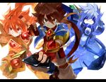  2boys 3boys armor battle_spirits battle_spirits:_saikyo_ginga_ultimate_zero brown_eyes brown_hair card child dual_persona ichibanboshi_no_rei male male_focus multiple_boys red_eyes red_hair saikyou_ginga_ultimate_zero_~battle_spirits~ simple_background white_background white_hair 