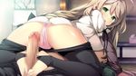  1girl ass barefoot blonde_hair breasts censored feet footjob from_behind game_cg girl_on_top green_eyes highres large_breasts legs long_hair looking_back lying maou_no_kuse_ni_namaiki_da!_2:_kondo_wa_seisen_da! panties pantyhose penis thighs toeless_legwear toes underwear 