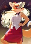  abstract_background anthro aruurara bottomwear bow_ribbon breasts canid canine clothing eyebrow_through_hair eyebrows female flesh_fang flowing_hair fox fur green_eyes hair hand_on_hip hi_res inner_ear_fluff looking_at_viewer mammal multicolored_body multicolored_fur orange_body orange_fur skirt sleeveless_shirt smile solo translucent translucent_hair tuft two_tone_body two_tone_fur uka_(aruurara) white_hair 