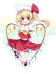  ascot blonde_hair blush dress fang flandre_scarlet happy hat heart heart_wings izumi_rei mary_janes open_mouth red_dress red_eyes ribbon shoes side_ponytail smile socks solo touhou wings 