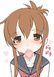  bad_id bad_pixiv_id brown_eyes brown_hair condom condom_in_mouth folded_ponytail hair_ornament heartbeat inazuma_(kantai_collection) jiji kantai_collection long_hair looking_at_viewer mouth_hold school_uniform serafuku solo translated upper_body 