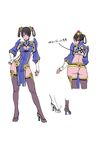  ass back black_hair blue_eyes breasts character_sheet china_dress chinese_clothes cleavage cleavage_cutout contrapposto dress flat_color hair_rings hairpods high_heels large_breasts nen-nen original puffy_sleeves short_hair standing thighhighs translation_request white_background yamashita_shun'ya 