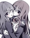  blush cheek_licking face_licking food hug licking long_hair long_sleeves looking_at_viewer monochrome multiple_girls one_eye_closed original oryou pocky school_uniform simple_background spot_color tongue tongue_out white_background yuri 