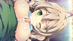  1girl areolae blonde_hair blush bra bra_lift breast_squeeze breasts censored cum cum_in_mouth ejaculation fellatio game_cg green_eyes highres large_breasts long_hair lying maou_no_kuse_ni_namaiki_da!_2:_kondo_wa_seisen_da! nipples oral paizuri penis underwear wince 