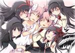  akemi_homura bentoss_detritus black_hair bow glasses gloves headband hug kaname_madoka long_hair mahou_shoujo_madoka_magica pink_eyes purple_eyes ribbons seifuku short_hair twintails ultimate_madoka wings wink yellow_eyes 