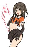  bangs black_bra black_gloves blush bra brown_hair elbow_gloves gloves ica kantai_collection looking_at_viewer navel sendai_(kantai_collection) shirt_lift simple_background sketch skirt smile solo translated two_side_up underwear white_background yellow_eyes 