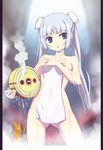  ass_visible_through_thighs blue_eyes blush breasts caryo collarbone covered_navel covering hair_ornament long_hair medium_breasts miss_monochrome miss_monochrome_(character) molten_rock nanashino nipples nude open_mouth pillarboxed roomba ruu-chan silver_hair steam towel twintails wet 