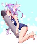  barefoot blue_hair blush breasts hair_ribbon heart holding holding_torpedo i-19_(kantai_collection) ica kantai_collection kiss large_breasts long_hair looking_at_viewer multicolored_hair object_kiss one-piece_swimsuit red_eyes ribbon school_swimsuit solo swimsuit torpedo twintails 