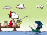  bird blue_eyes blue_hair bow chamupei charles_schulz_(style) cloud commentary cosplay fishing fishing_rod hair_bow hair_tubes hakurei_reimu hakurei_reimu_(cosplay) hat head_fins kirisame_marisa kirisame_marisa_(cosplay) mermaid monster_girl partially_submerged peanuts snoopy touhou wakasagihime water witch_hat woodstock 