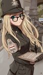  armband blonde_hair blue_eyes clipboard column english flag glasses hat highres left-handed long_hair necktie original paper pen pillar police police_hat police_uniform policewoman sin_gun_woo solo uniform 