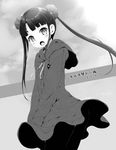  :o aoki_hagane_no_arpeggio blush character_name greyscale hair_ornament hood hooded_jacket jacket komone_ushio monochrome open_mouth pantyhose personification solo translation_request twintails zuikaku_(aoki_hagane_no_arpeggio) 