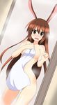  absurdres animal_ears blush brown_eyes brown_hair bunny_ears bunny_girl covering doorway highres long_hair no_nose nude_cover open_mouth rwby shikniful solo steam surprised towel velvet_scarlatina 