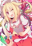  ;d apple ascot bag blonde_hair fang flandre_scarlet food fruit hat hat_ribbon highres kan_lee looking_at_viewer mob_cap one_eye_closed open_mouth paper puffy_sleeves red_eyes ribbon shirt shopping_bag short_sleeves side_ponytail skirt smile solo spring_onion touhou vest wings 