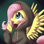  blush clothing equine female feral fluttershy_(mlp) friendship_is_magic fur hair hood hoodie hooves horse long_hair looking_up mammal my_little_pony open_mouth pegasus pink_hair pony rastaquouere69 simple_background solo teeth tongue wings yellow_fur 
