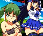  :d ;q arms_up black_hair blue_eyes blue_hair blue_skirt blush breasts cleavage glasses green_eyes green_hair hair_ornament hair_tubes large_breasts long_hair multiple_girls off_shoulder one_eye_closed open_mouth os-tan panties ponytail skirt smile strap_slip striped striped_panties stylus tank_top thighhighs tongue tongue_out underwear xp-tan xp_home-tan yuya 