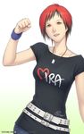  bad_id bad_pixiv_id belt black_hair clothes_writing dead_or_alive dead_or_alive_5 dog_tags fist_pump mila_(doa) multicolored_hair multiple_belts red_eyes red_hair shirt short_hair solo t-shirt tatchin two-tone_hair watermark web_address 