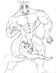  anthro balls biceps big_muscles big_penis clenched_teeth duo enzi erection eyewear fur gay glasses grin hair horn humanoid_penis humor interspecies legs_up male mammal muscles nipples nude ouch pecs penis plain_background pose presenting rhinoceros rodent size_difference sketch smile squirrel standing sudonym swinging teeth thick_penis 