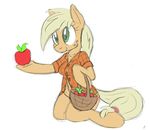  anthrofied apple applejack_(mlp) basket blonde_hair breasts clothing cutie_mark equine female freckles friendship_is_magic fruit green_eyes hair horse long_hair mammal my_little_pony navel plain_background pony shirt smile solo tg-0 