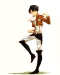  badge belt black_hair boots cravat emblem fighting_stance full_body highres jacket knee_boots levi_(shingeki_no_kyojin) male_focus masamune_(eight5050) paradis_military_uniform red_eyes shingeki_no_kyojin signature simple_background solo standing standing_on_one_leg white_background 