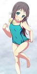  adjusting_clothes adjusting_swimsuit akino_sora barefoot blue_eyes blush breasts brown_hair competition_school_swimsuit covered_navel covered_nipples hair_ribbon highres long_hair looking_at_viewer mukaido_manaka nagi_no_asukara one-piece_swimsuit open_mouth ribbon school_swimsuit small_breasts solo swimsuit wet 