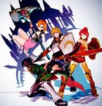  2girls black_hair blonde_hair boots breastplate changpao chinese_clothes crocea_mors_(rwby) dual_wielding gorget greaves gun hammer high_heel_boots high_heels holding jaune_arc lie_ren long_hair machine_pistol magnhild milo_and_akouo multiple_boys multiple_girls nora_valkyrie orange_hair polearm pyrrha_nikos red_hair rwby shield short_hair skirt so-bin spear stormflower_(rwby) sword weapon 