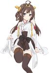  ahoge bare_shoulders blue_eyes blush boots brown_hair detached_sleeves hair_ornament hairband ica japanese_clothes kantai_collection kongou_(kantai_collection) long_hair nontraditional_miko simple_background skirt smile solo thigh_boots thighhighs white_background zettai_ryouiki 