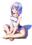  absurdres barefoot blue_hair competition_swimsuit goggles goggles_around_neck highres indian_style kukuri_(ahagon) one-piece_swimsuit original purple_eyes sitting solo swimsuit wet 