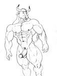  anthro balls biceps big big_muscles bovine cattle erection fur hair horn male mammal muscles nipples nude pecs penis plain_background pose presenting sketch solo standing sudonym 