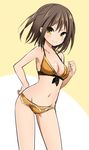  bangs bikini blush breasts brown_eyes brown_hair cleavage front-tie_top ica kantai_collection looking_at_viewer medium_breasts navel sendai_(kantai_collection) short_hair simple_background smile solo swimsuit two_side_up yellow_bikini 