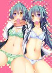  ahoge aqua_hair blue_bra blue_panties blush bow bow_bra bow_panties bra breasts condom condom_in_mouth green_bra green_panties hair_ornament hairclip heart heart-shaped_pupils heterochromia leura_(suterii) lingerie long_hair looking_at_viewer medium_breasts mouth_hold multiple_girls navel open_clothes orange_scarf original panties purple_eyes rebecca_arcane scarf short_hair smile suterii symbol-shaped_pupils take_your_pick underwear yellow_eyes 