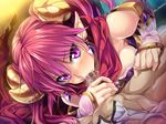  1girl armodias blush breasts censored demon_girl demon_horns ear_ornament elbow_gloves game_cg gloves grimoire_no_shisho horns long_hair marushin_(denwa0214) penis pink_hair pointy_ears purple_eyes scarf succubus 