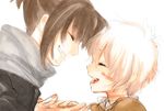  2boys blush brown_hair child duo kumatani male male_focus multiple_boys nezumi_(no.6) no.6 open_mouth ponytail shion_(no.6) shirt short_hair simple_background smile standing white_hair yaoi 