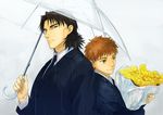  back-to-back bouquet brown_eyes brown_hair emiya_shirou fate/stay_night fate_(series) flower formal holding holding_umbrella kotomine_kirei multiple_boys orange_hair sake_(kadai) shared_umbrella suit umbrella upper_body yellow_eyes 