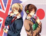  2boys axis_powers_hetalia black_hair blonde_hair book british_flag brown_eyes child flag glasses green_eyes headphones japan_(hetalia) japanese_flag male male_focus multiple_boys necktie otonarisan school_uniform short_hair standing tie uniform united_kingdom_(hetalia) 