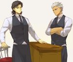  archer brown_hair dark_skin dark_skinned_male fate/stay_night fate_(series) kotomine_kirei male_focus multiple_boys sake_(kadai) vest waistcoat waiter white_hair 