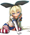  blonde_hair blue_eyes blush elbow_gloves frown gloves hairband kantai_collection long_hair looking_at_viewer matokechi shimakaze_(kantai_collection) simple_background sitting skirt solo striped striped_legwear thighhighs wariza white_background 
