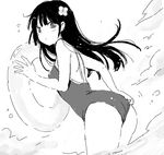  adjusting_clothes adjusting_swimsuit ass bare_shoulders chiyingzai competition_school_swimsuit drawr dutch_angle flower greyscale hair_flower hair_ornament hime_cut innertube long_hair looking_at_viewer monochrome oekaki one-piece_swimsuit sanka_rea sankarea school_swimsuit solo swimsuit wading 