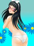  1girl artist_request ass black_hair blue_background blush breasts character_request covering covering_breasts female floral_background frown glasses gradient gradient_background hair_ornament hairband long_hair original panties purple_eyes red-framed_glasses red_(h-sora) solo source_request topless underwear white_panties 