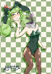  absurdres anger_vein animal_ears bare_shoulders black_legwear blush bunny_ears bunnysuit checkered checkered_background dullahan green_hair highres inutokage looking_at_viewer monster_girl original pantyhose solo wrist_cuffs yellow_eyes 