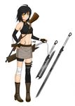  ahoge black_hair boots grin gun hand_on_hip highres looking_at_viewer midnight_(banyex) navel short_hair simple_background skirt smile solo sword weapon white_background yellow_eyes 