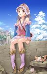  atelier_(series) atelier_totori banned_artist bare_shoulders blue_sky blue_sleeves boots brown_eyes brown_hair cat clam cliff cloud day detached_sleeves dress flower foot_dangle full_body hairband head_scarf highres long_sleeves looking_at_viewer miniskirt n.g. no_socks on_wall open_mouth outdoors seashell shell sitting skirt sky sleeveless smile solo spaghetti_strap stone_wall totooria_helmold town wall 
