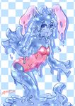  absurdres animal_ears bare_shoulders blush breasts bunny_ears bunnysuit checkered checkered_background cleavage goo_girl highres inutokage looking_at_viewer medium_breasts monster_girl open_mouth original smile solo 