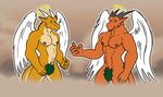  angel angel_dragon angel_wings angelic anthro bgn biceps covering dragon duo feathered feathered_wings feathers groin_covering halo heaven holy horn leaf loincloth looking_at_viewer male muscles nipples partially_clothed partially_covered pecs pose scalie smile smirk wings 