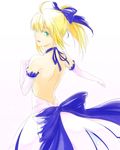 ahoge artoria_pendragon_(all) bare_back bare_shoulders blonde_hair bow dress elbow_gloves fate/stay_night fate/unlimited_codes fate_(series) gloves green_eyes hair_bow saber saber_lily sake_(kadai) solo 