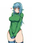  blue_hair blush bottomless breasts brown_eyes clothes_tug covered_nipples food gloves heart large_breasts long_hair mouth_hold original pocky ribbed_sweater solo sweater sweater_tug thighhighs thighs utako623 