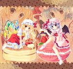  ankle_socks arm_support ascot bad_id bad_pixiv_id bat_wings berries between_legs blonde_hair blue_hair blush border brooch butter cup flandre_scarlet food fruit hand_between_legs hat hat_ribbon head_tilt jewelry knee_up kneehighs kneeling licoco looking_at_viewer macaron mob_cap multiple_girls no_shoes open_mouth oversized_object pancake polka_dot polka_dot_background puffy_short_sleeves puffy_sleeves red_eyes remilia_scarlet ribbon short_hair short_sleeves siblings side_ponytail sisters sitting skirt skirt_set strawberry striped striped_background syrup teacup touhou wings zoom_layer 