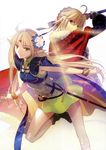  absurdres ahoge armor artoria_pendragon_(all) blonde_hair boots breastplate cape crossover deedlit dress elf fate_(series) flower green_eyes hair_flower hair_ornament hair_ribbon highres long_hair looking_back multiple_girls official_art pointy_ears record_of_lodoss_war ribbon saber scan smile sword takeuchi_takashi weapon wristband 